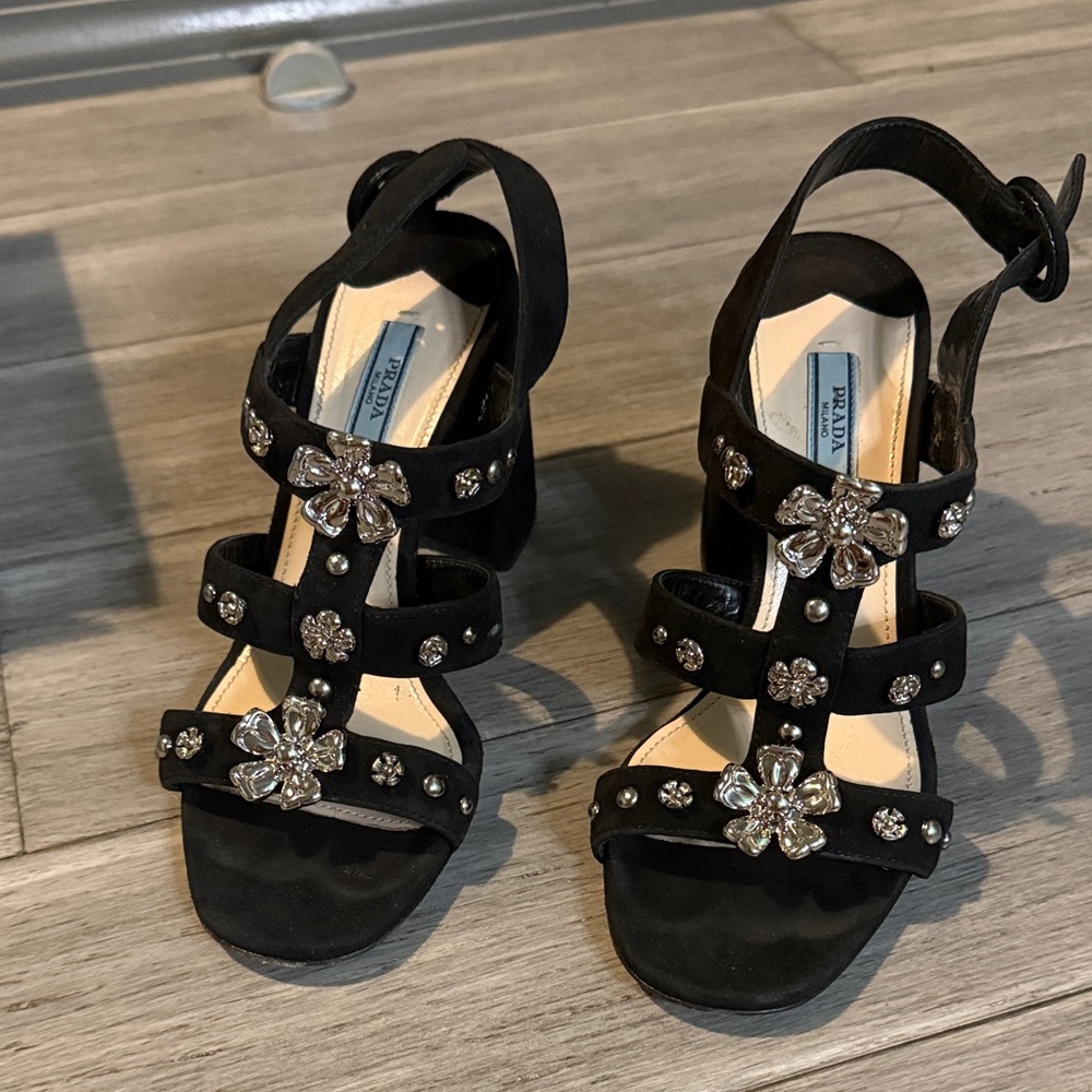 Prada Black Heels with Flower Accents